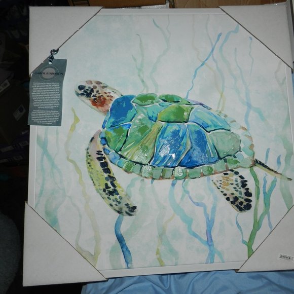 Carol Robinson Blue Sea Turtle Swim Canvas Wall Art 24" x 24" White Framed NEW - Picture 2 of 14